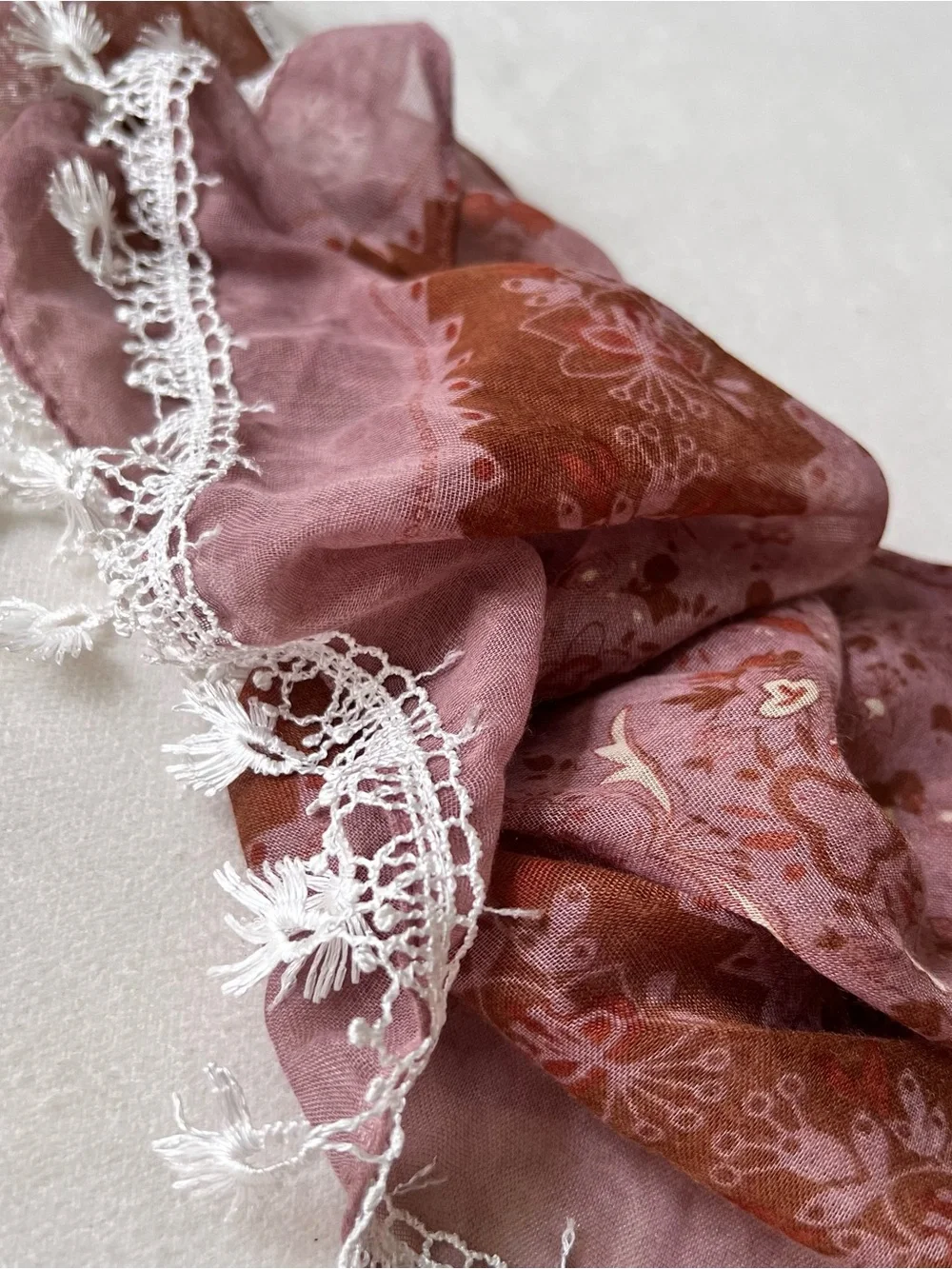 Women's hip scarf bag accessory Floral lace trim sheer Scarf - Pink Brown Y2K